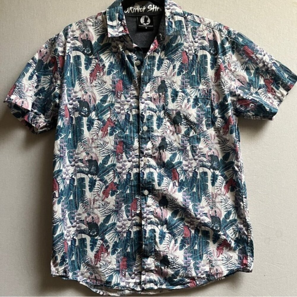 Fearless Illustration Monkey Tropical Printed Short Sleeve Button Down Shirt Sz